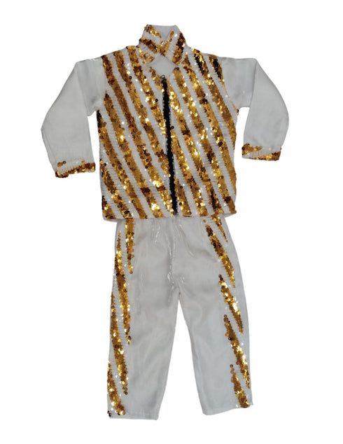 BookMyCostume White & Golden Sequin Western Dance Costume for Boys | Stylish Shiny Full Sleeve Shirt and Pant Set with Zipper Closure | Dance Costume for Boys | Fancy Dress for Boys